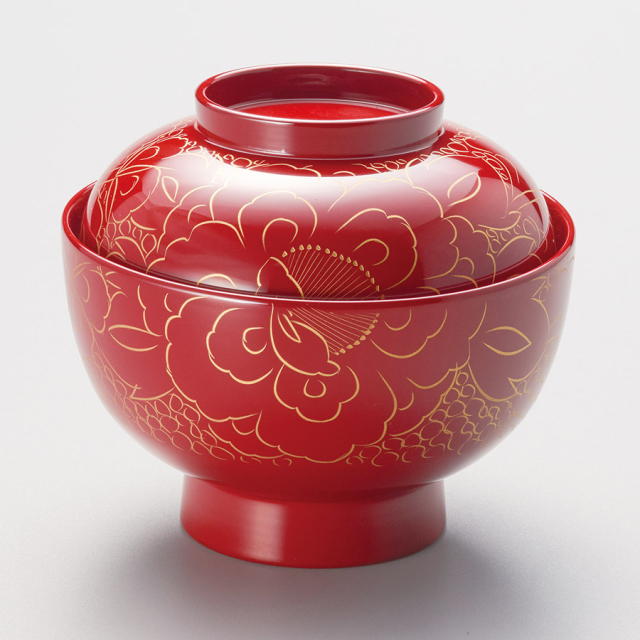 輪島塗 吸物椀 朱塗 沈金牡丹花文 吸物椀 煮物椀 懐石椀 2客 輪島塗