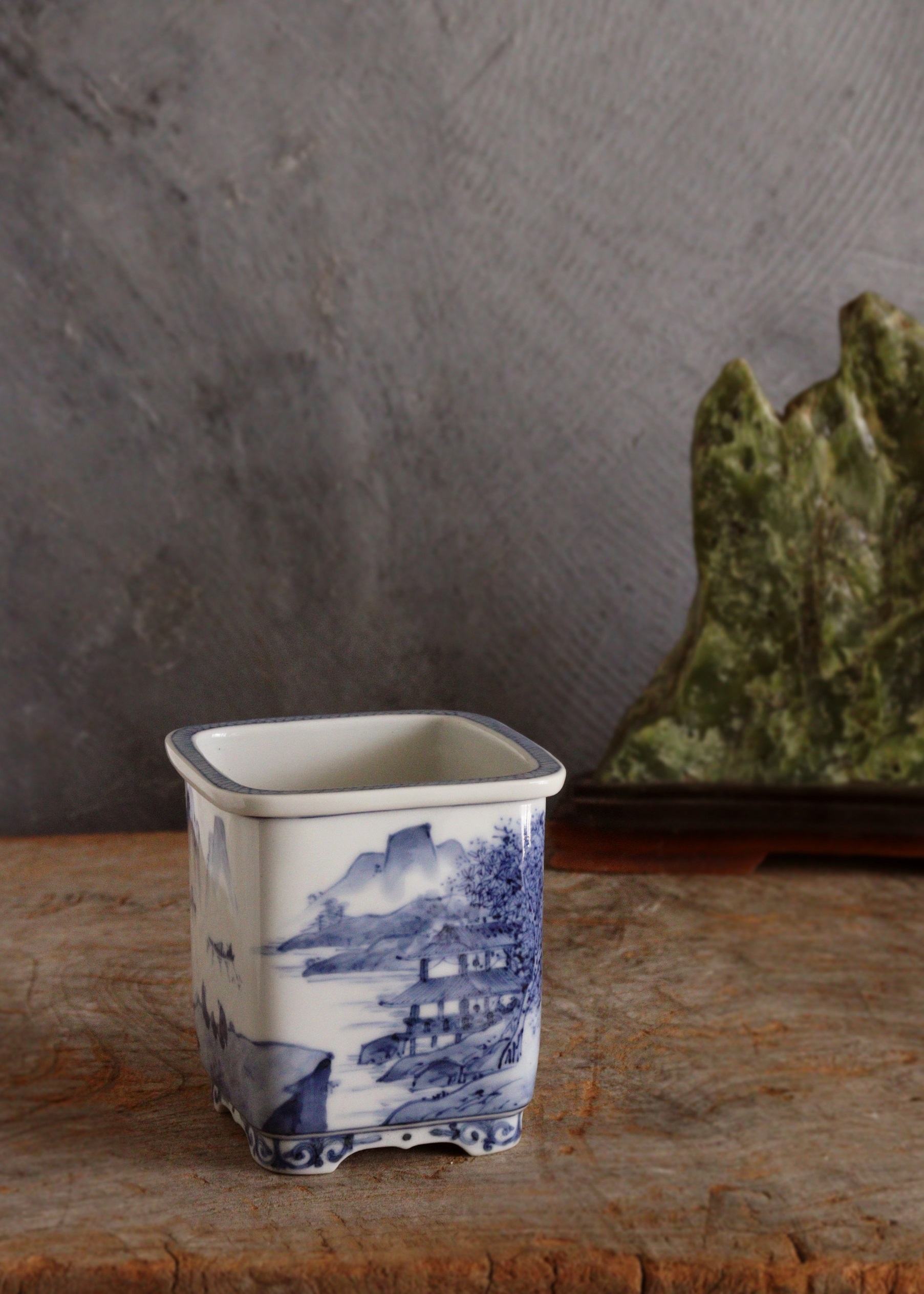 九谷名工 山本長左作 藍九谷 染付 植木鉢 盆栽鉢 筆筒 Sam's Collection