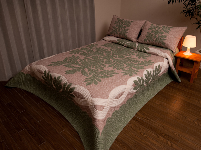 ハワイアンキルトベッドカバー イリマレイ モスグリーン&グレイ