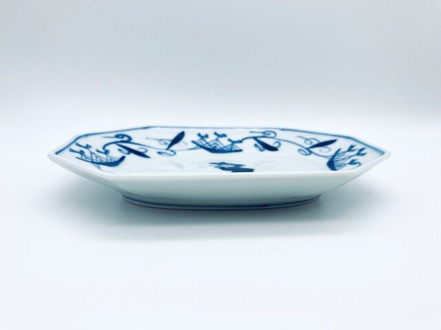 帆船つなぎ八角長角取皿 しん窯 青花