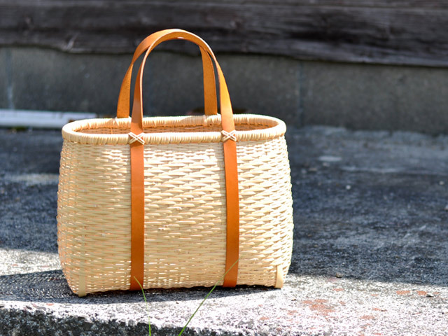 竹かご鞄 大 革手/買い物かご大 革手 －白/竹かご/かごバッグ