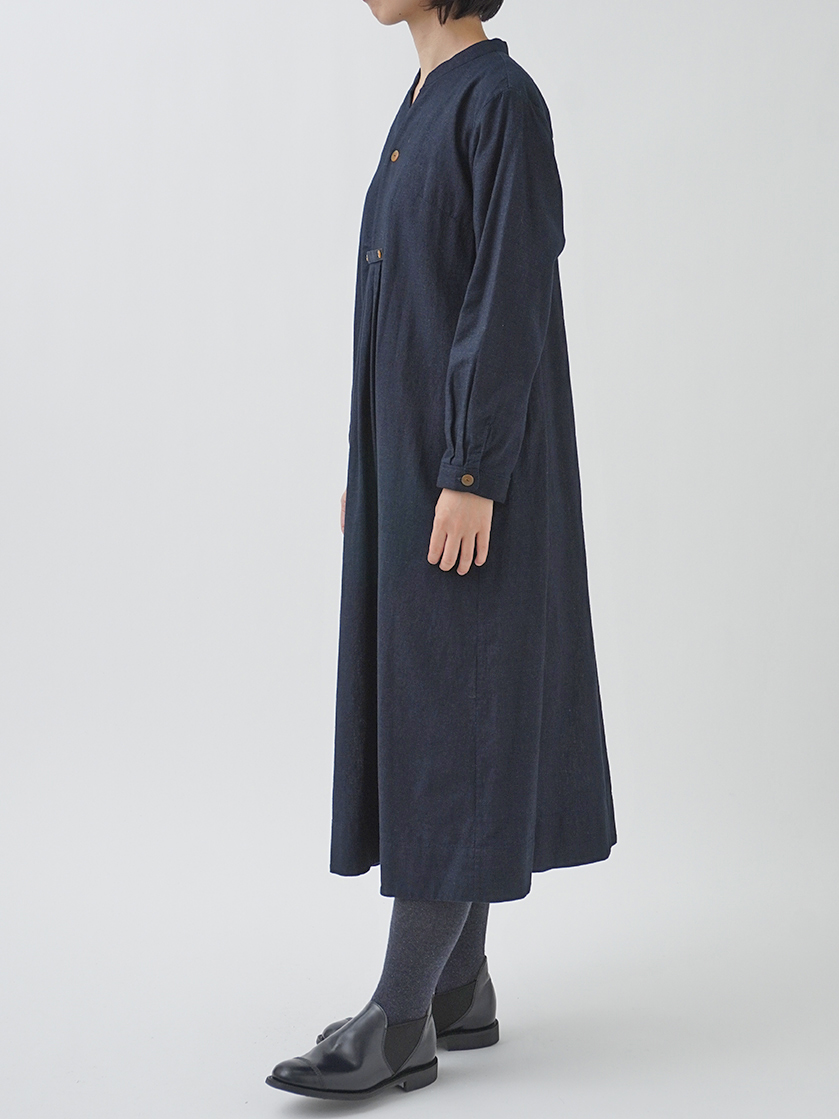 16／－インディゴガーゼ スタンド襟ワンピース