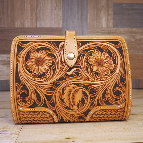 革のシステム手帳：バイブルサイズ：フラワーカービング：：手作り革製品