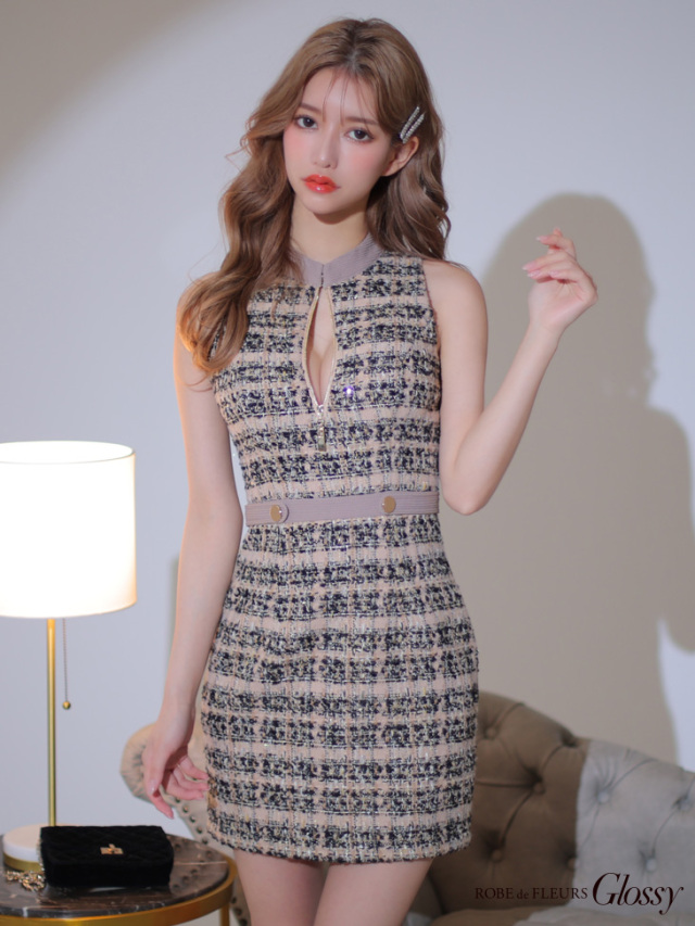 XS～Lサイズあり】フロントジッパー×チェック柄ツイードミニキャバ