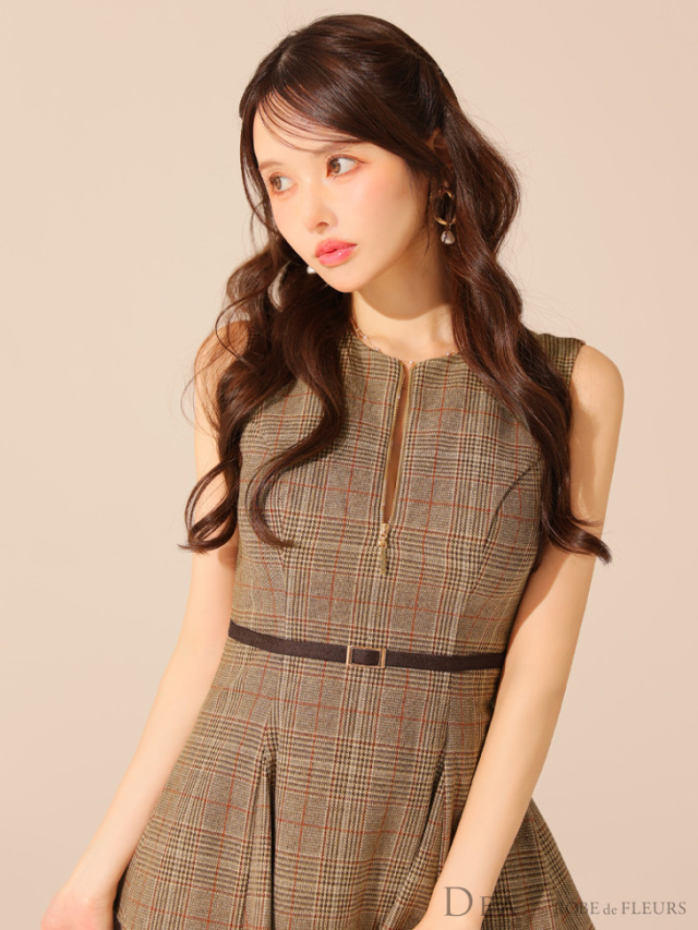 XS～Lサイズあり】チェックノースリーブベルトデザインチュールミニ