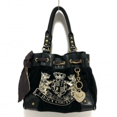 ジューシークチュール/トートバッグ/黒×アイボリー/ベロア×レザーの