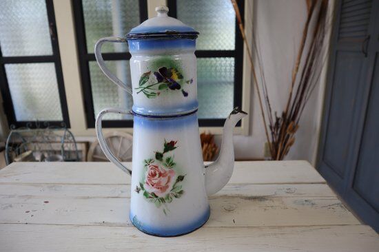 JAPY社アンティーク・ホーローポット2段（フラワー） | Antiquités et