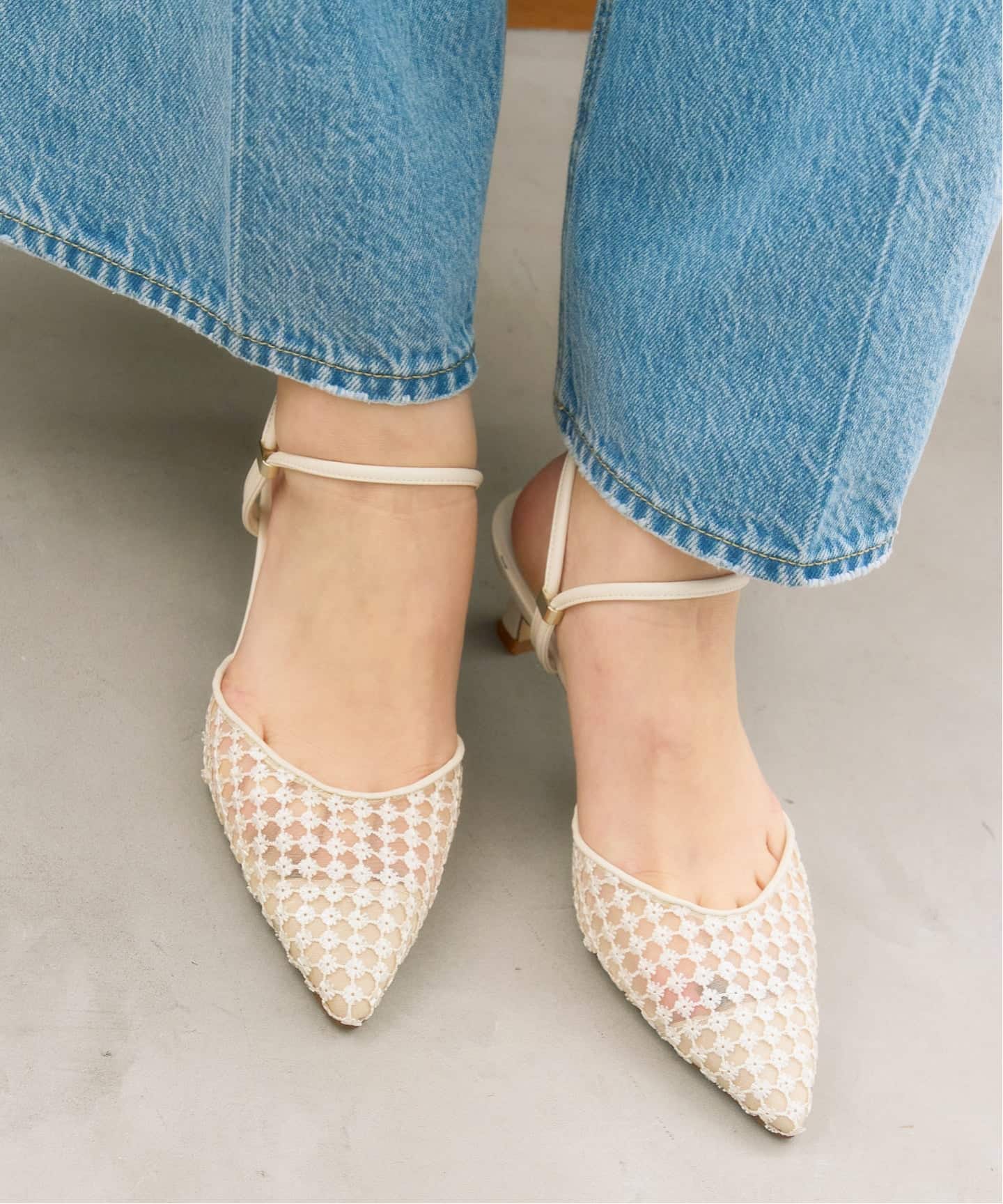 予約》5cmポインテッドフラワースパンコールミュール（パンプス）｜LE