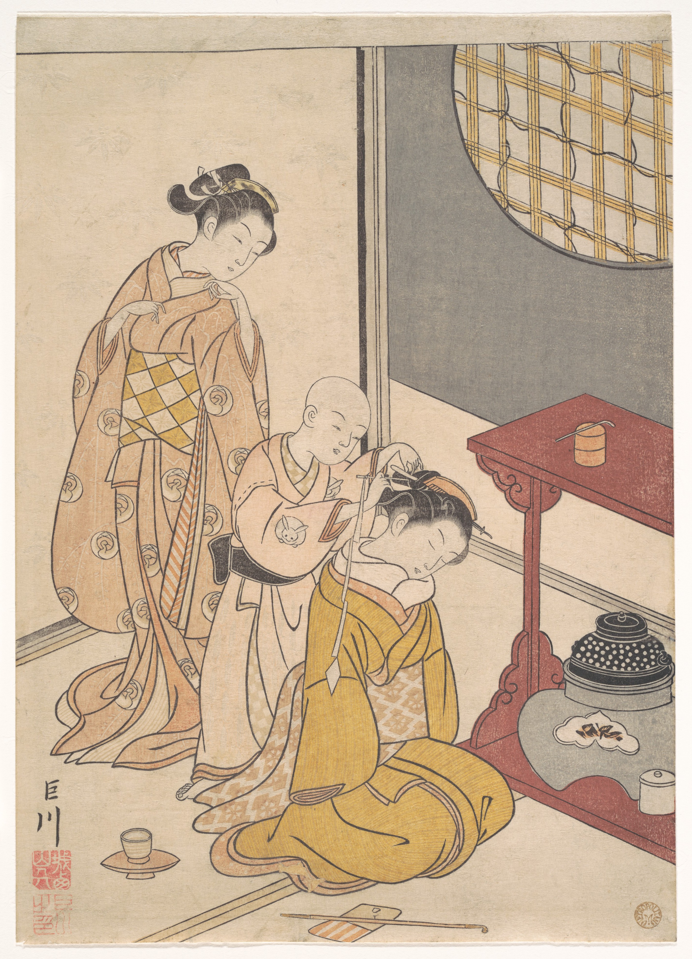 Suzuki Harunobu - Night Rain at the Double-Shelf Stand, from the