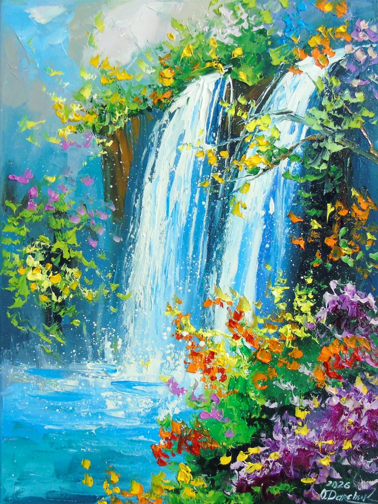 Mountain waterfall by the lake Painting by Olha Darchuk | Saatchi Art