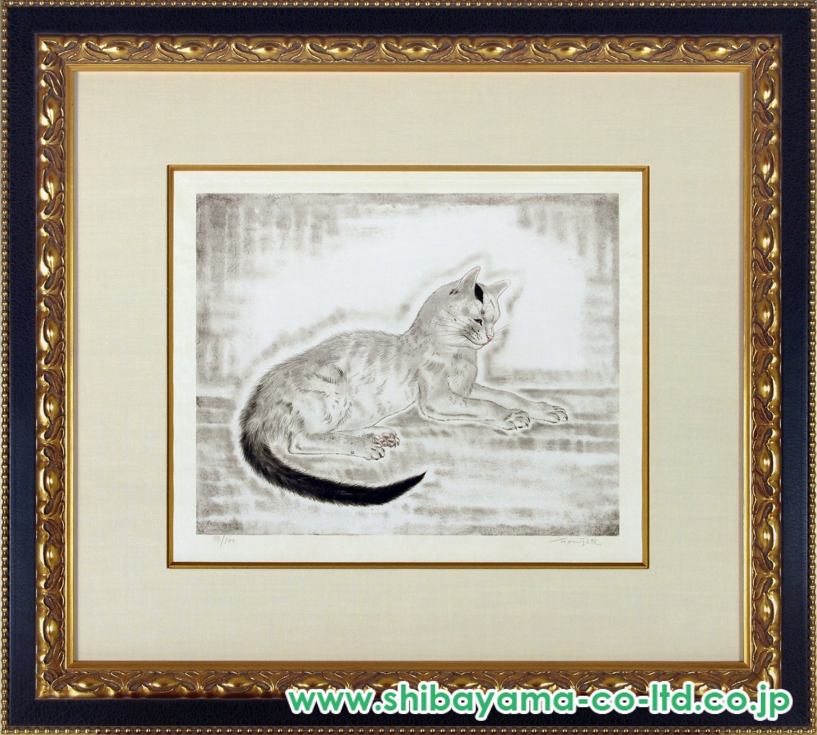 藤田嗣治「猫十態より『横向きに座る猫』」カラーエッチング :: 絵画