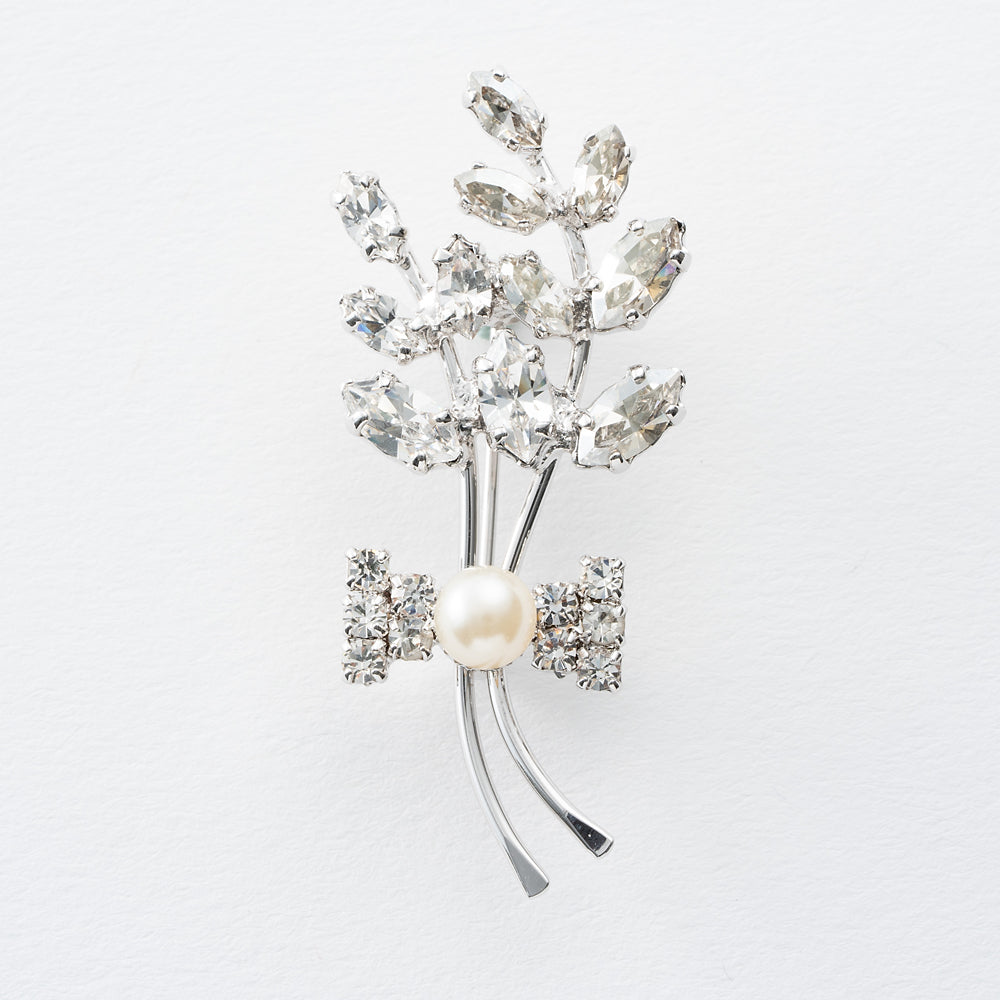 ブローチ ラインストーン パール クリアカラー ボタニカル リボン