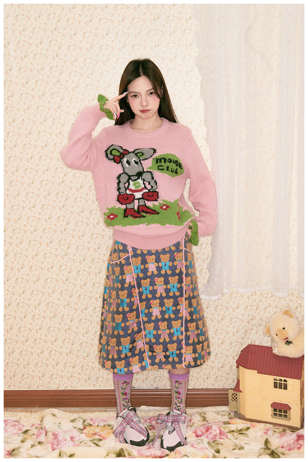 オリジナルジャカードテディベア ふわふわ配色ロングスカート tntntutu