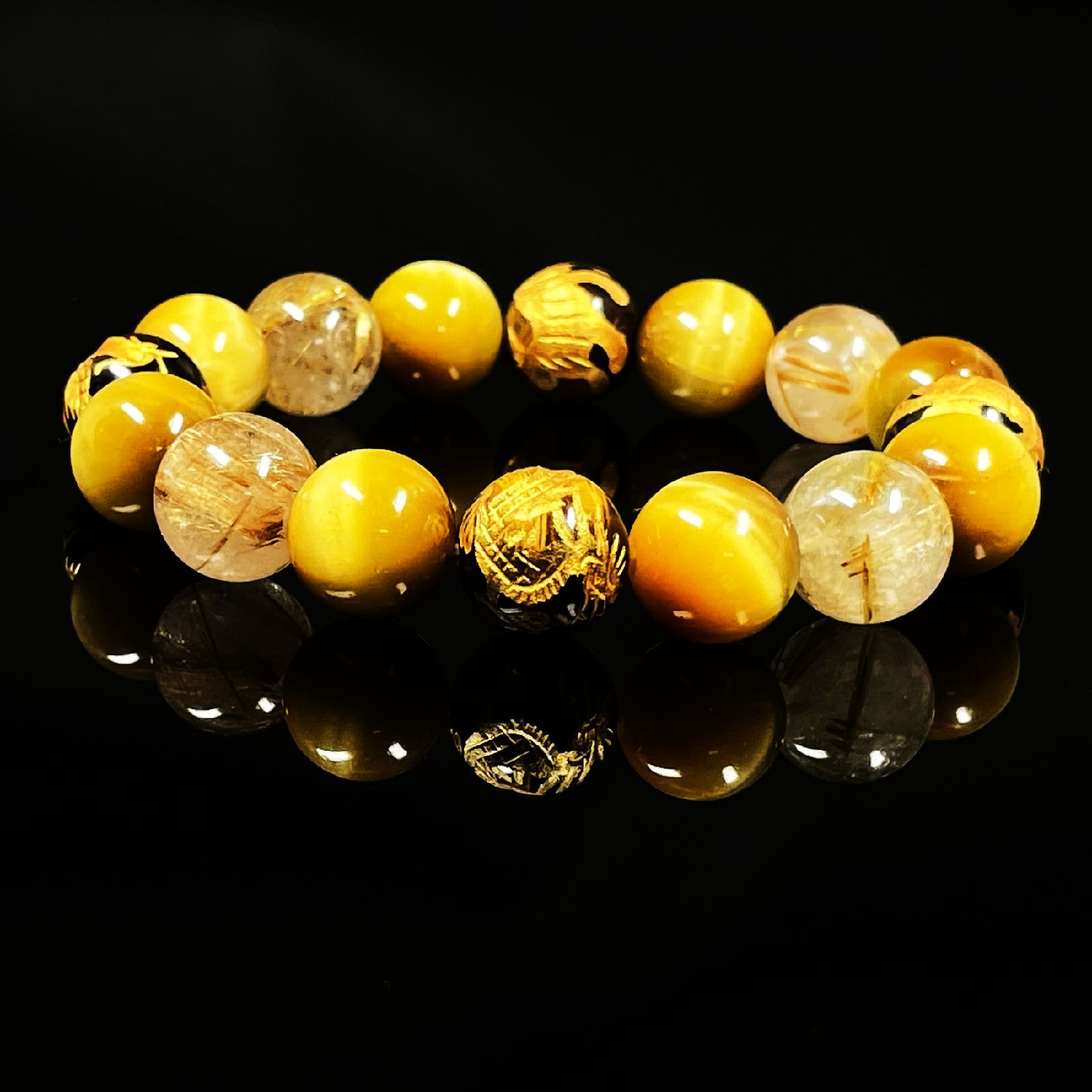 直感が冴える数珠］12ミリ 金彫四神獣 タイガーアイ ゴールデン