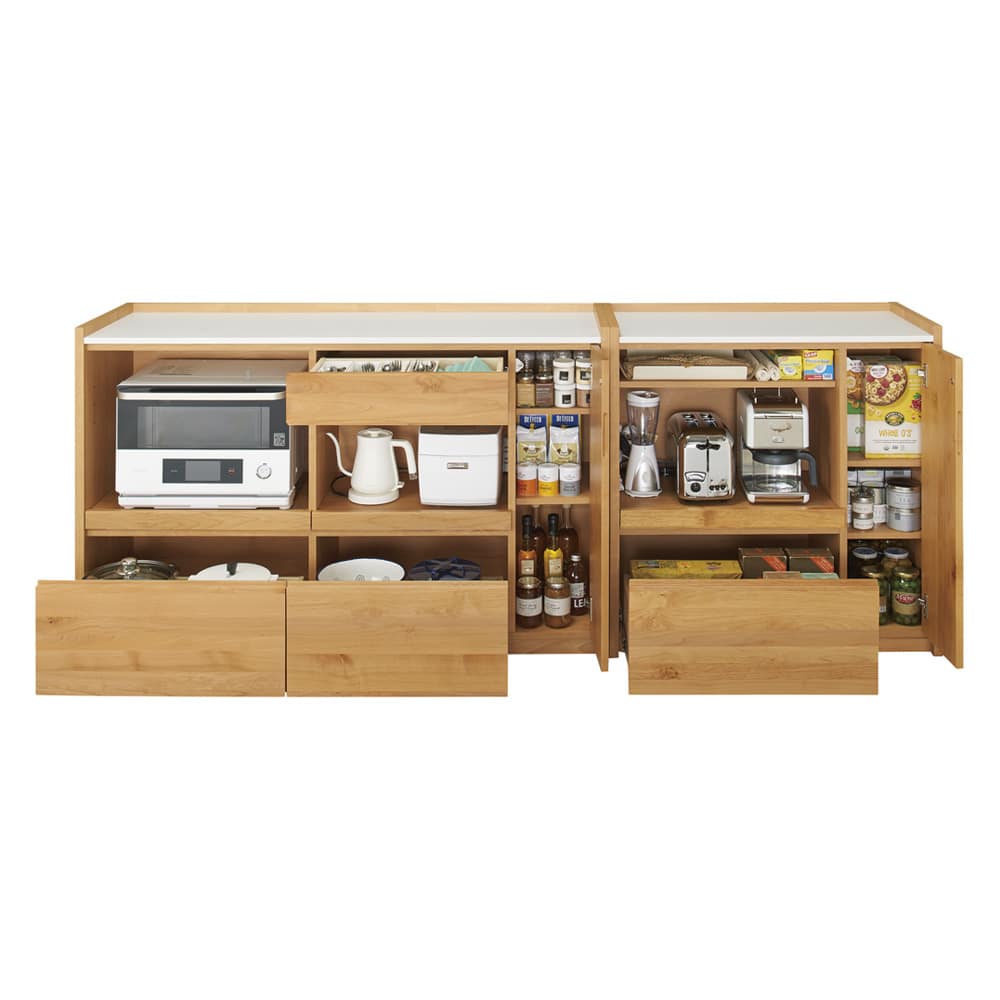 アルダー天然木人工大理石トップ 間仕切り家電収納キッチンカウンター