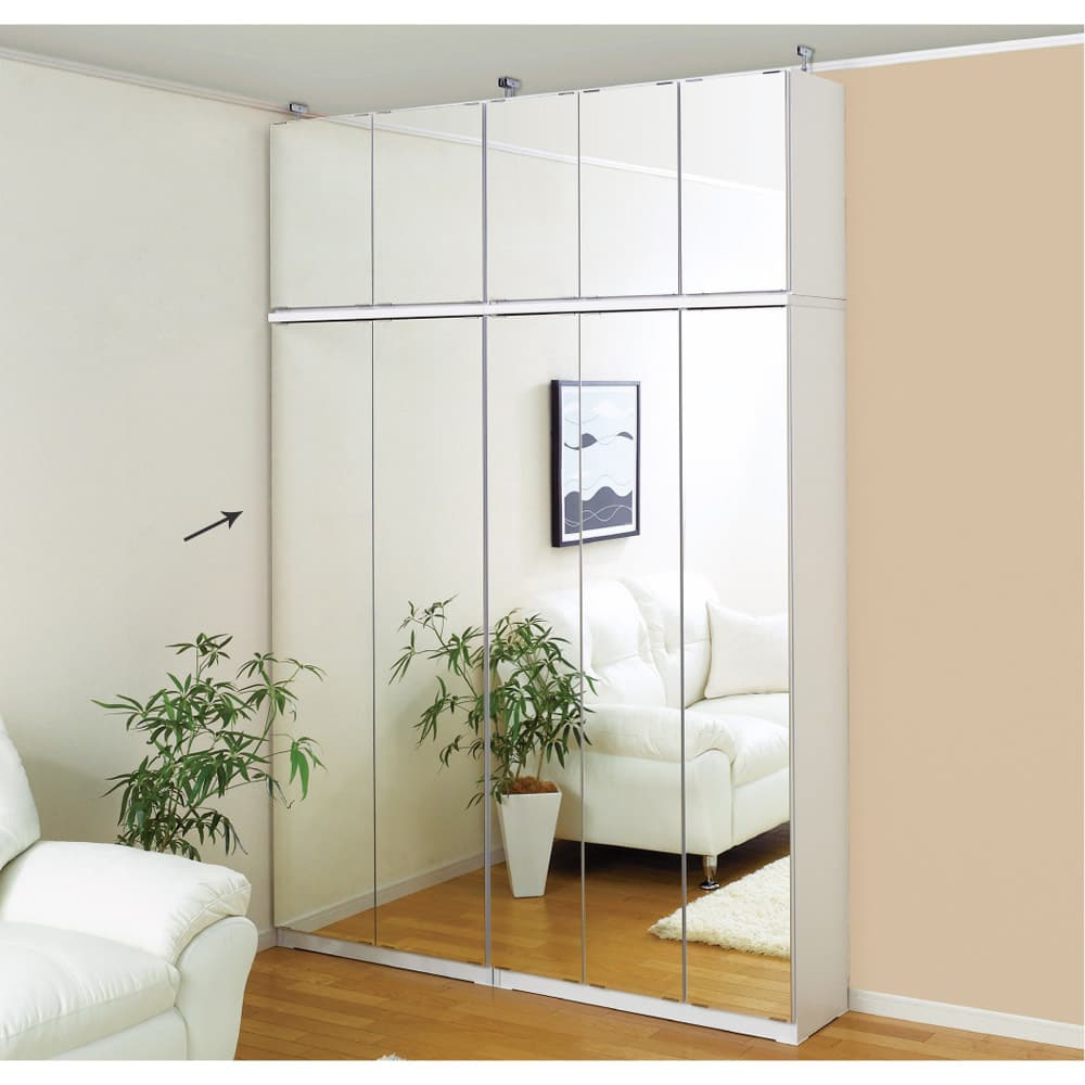 効率収納できる段違い棚シェルフ ［本体 ミラー扉タイプ 開き戸 幅75.5