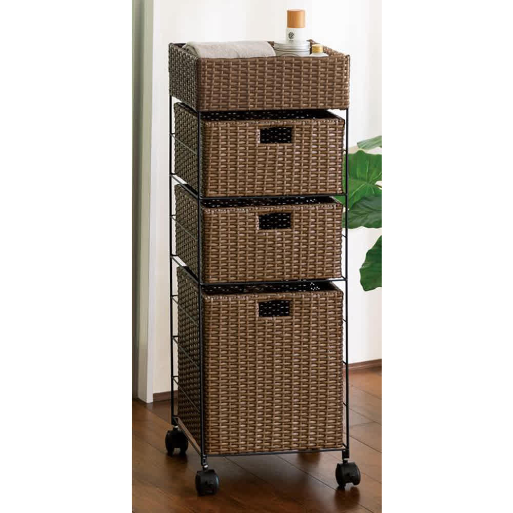 ラタン風ランドリーチェスト スリムトール4段（幅40・奥行34.5・高さ