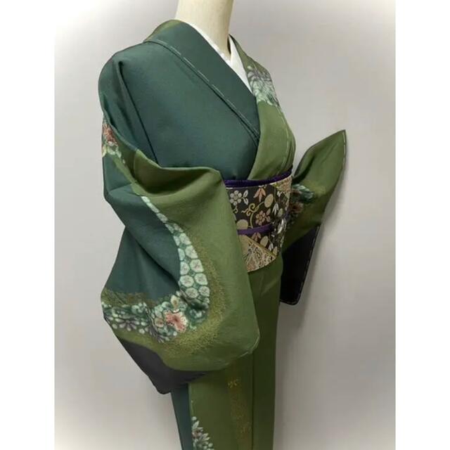 特選絞り染め訪問着❣️【辻ヶ花文様⭐️深緑色×抹茶色】グリーン