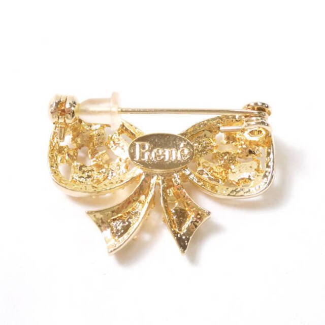 René - 美品 Rene ルネ リボンブローチ ゴールド系 ライトストーン