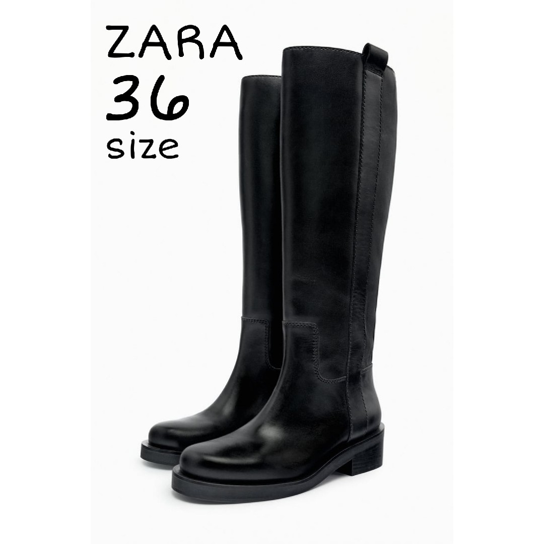 ZARA - ZARA レザーフラットブーツ 36サイズ ブラックの通販 by