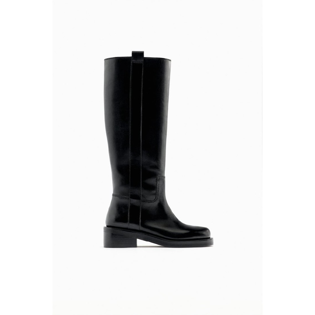 ZARA - ZARA レザーフラットブーツ 36サイズ ブラックの通販 by