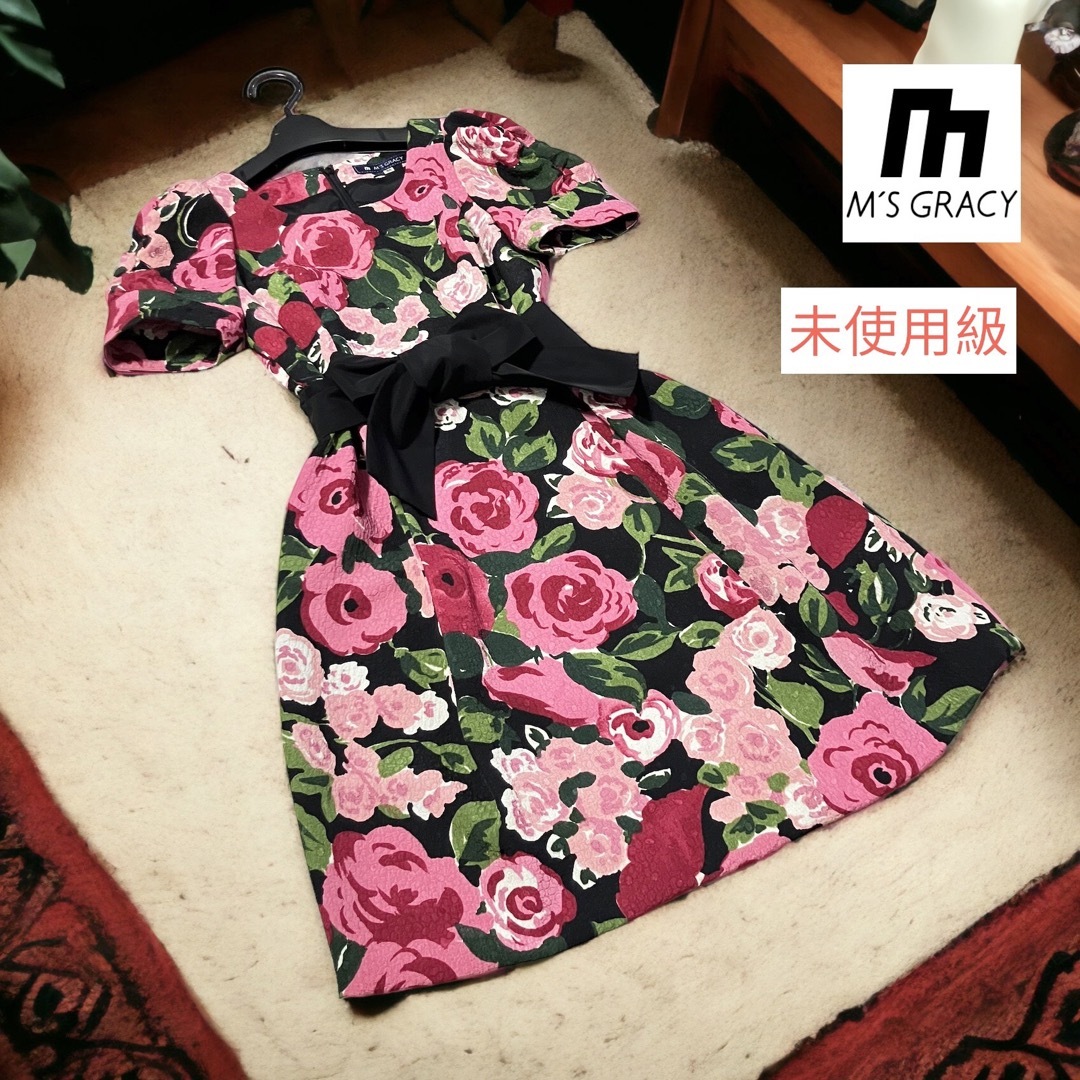 M'S GRACY - 未使用級✨エムズグレイシー 薔薇柄 ワンピース バルーン
