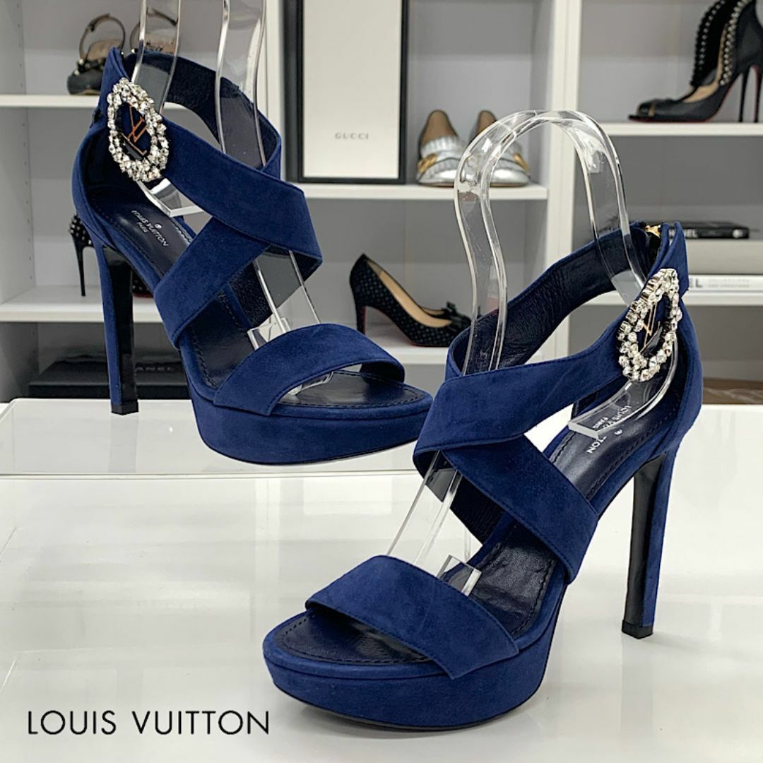 ルイヴィトン LVサークル スエード ビジュー23.5cm ネイビー サンダル