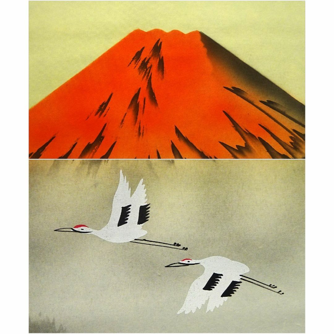 掛軸 外山寿福『朱映富嶽 赤富士 鶴』絹本 肉筆 共箱付 掛け軸 g030316