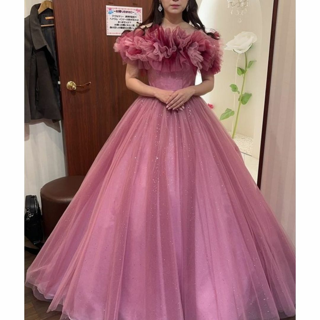 カラードレス ローズピンク ローズピンク バックリボン キラキラ