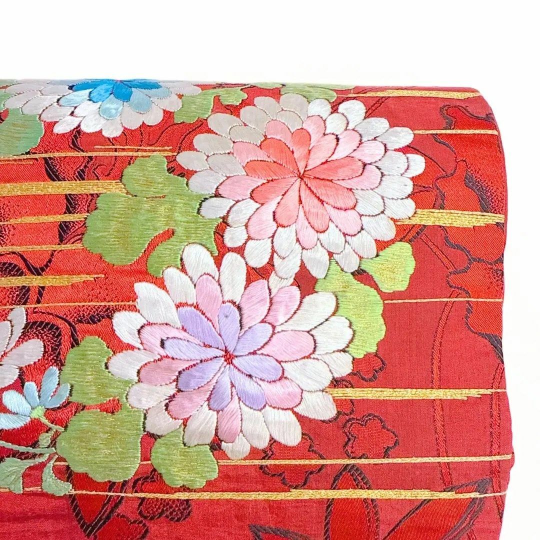 アンティーク 開き名古屋帯 刺繍 打ち出の小槌 鈴 花模様 着物 103a d