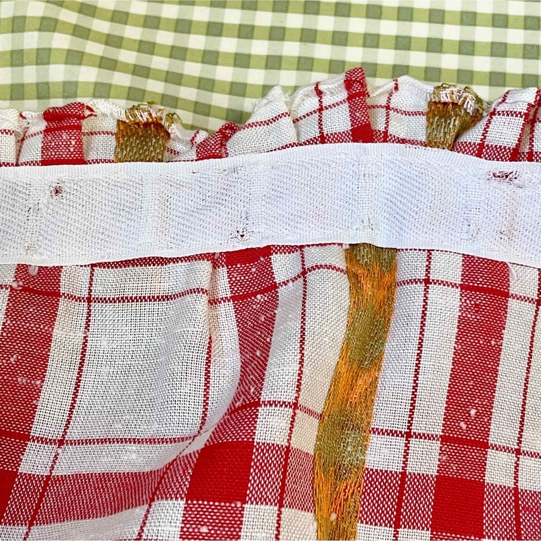 当時物 昭和レトロポップ カーテン 1枚 チェック柄 花柄 赤 白