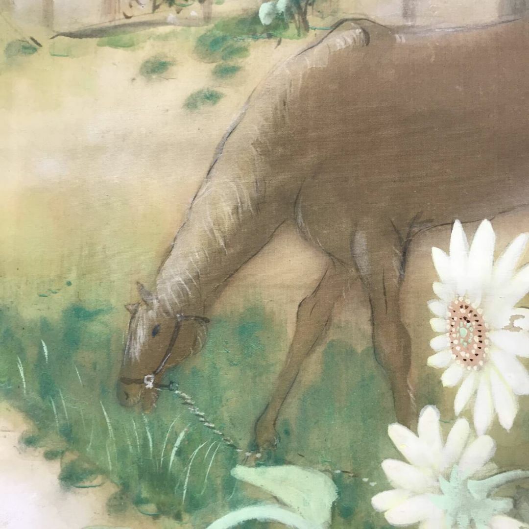 真作/弧邨/晩夏/夏山村風景図/馬にひまわり図/掛軸☆宝船