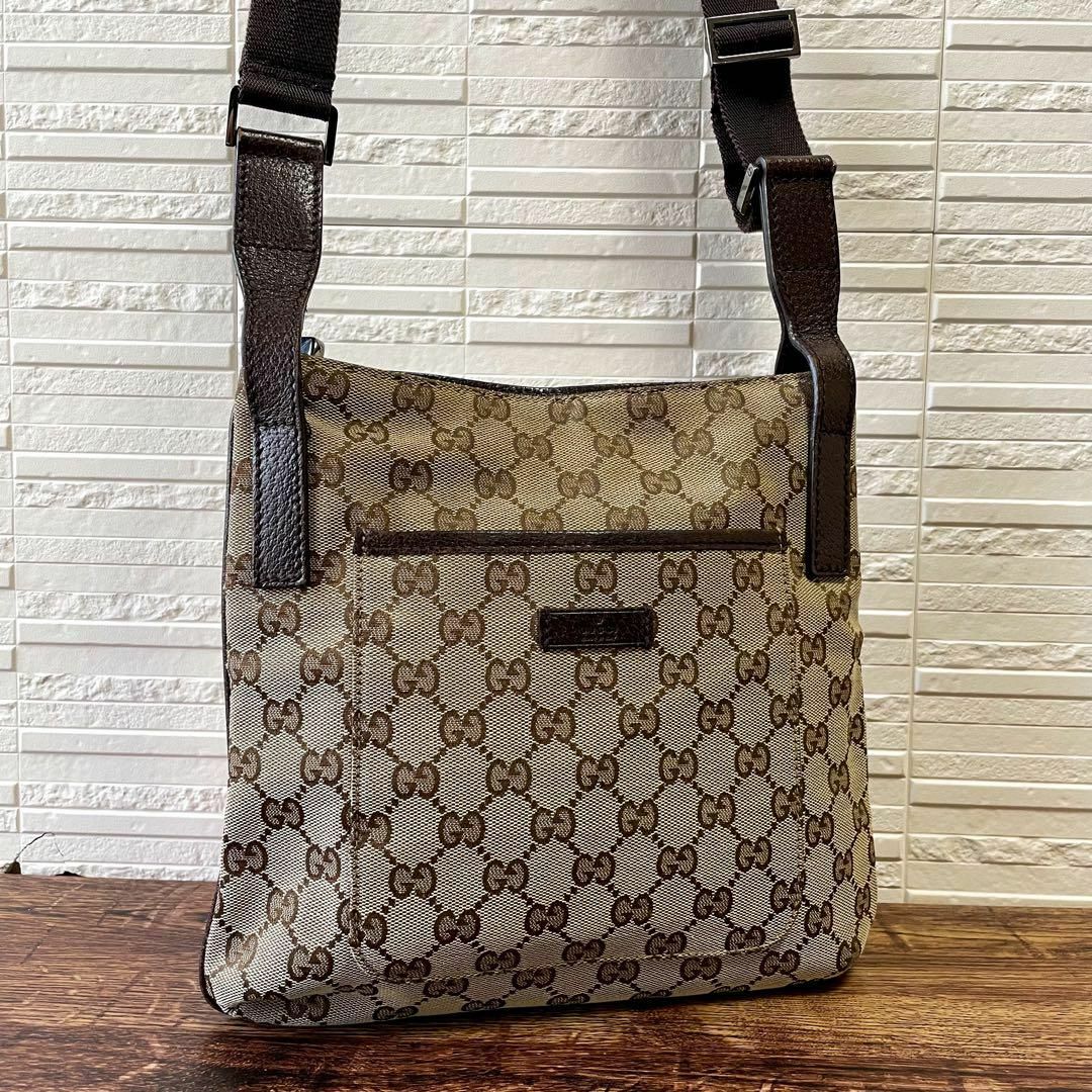 良品】グッチ ショルダーバッグ GG サコッシュ キャンバス レザー 濃茶