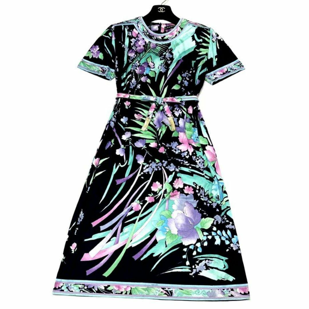 レオナール ワンピース 花柄 トリム ウエストマーク シルク フランス製