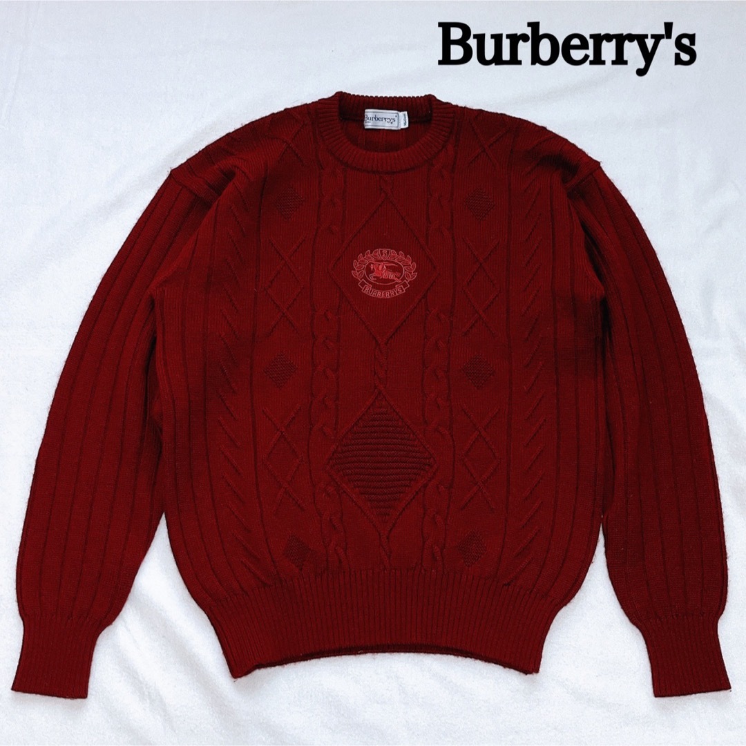 Burberry バーバリー 刺繍ナロゴ ケーブル編みニットセーター 90s 赤
