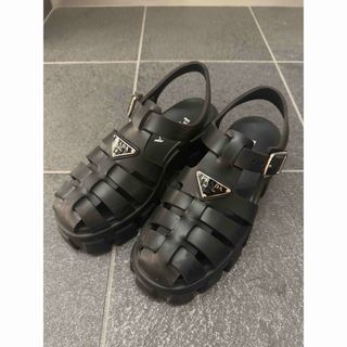 PRADA プラダ サンダル 23.5 ミュール 黒 バラ お花モチーフ 37 PRADA