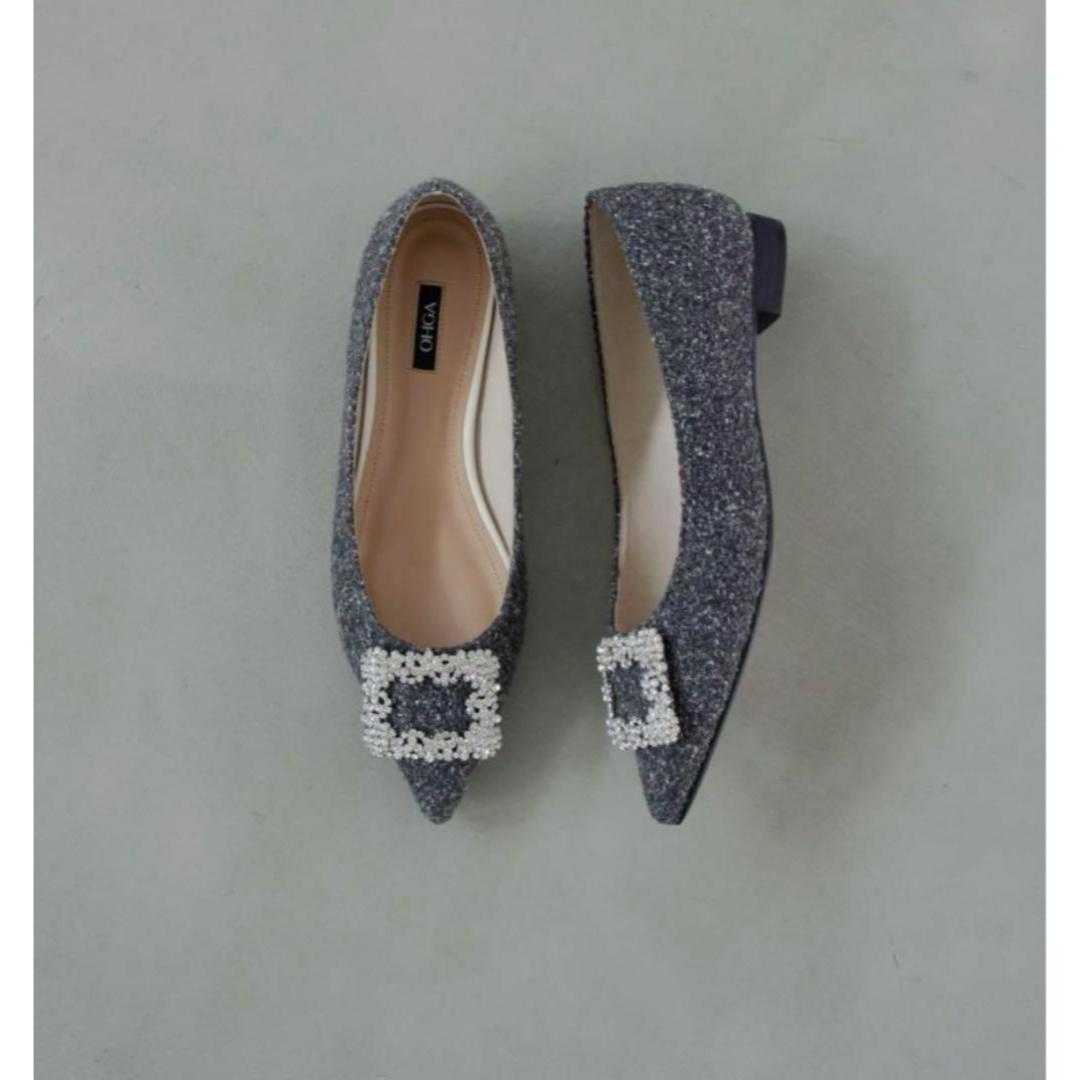 OHGA オーガ ビジュー ツイード パンプス フラットシューズ グレー