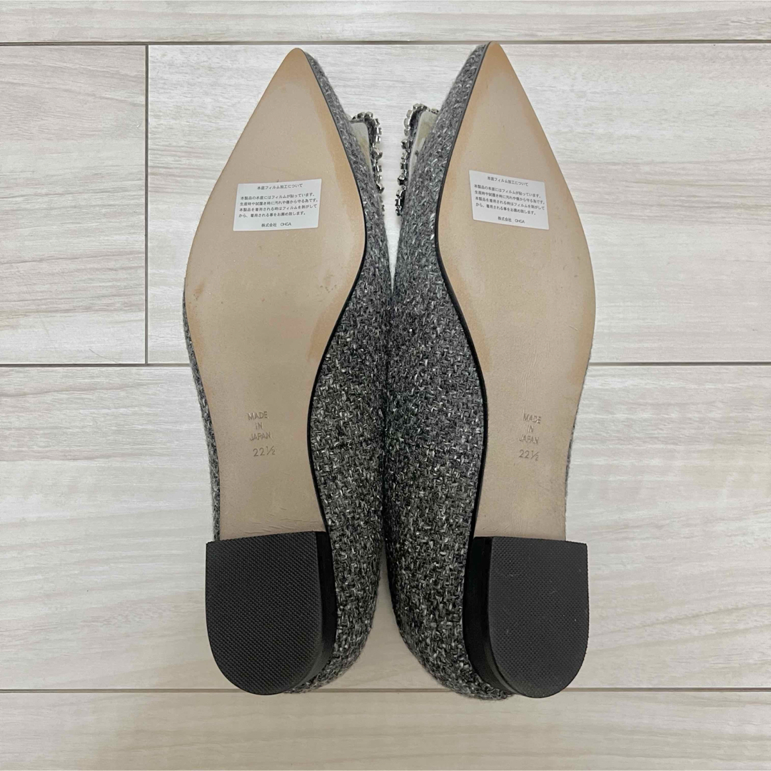 OHGA オーガ ビジュー ツイード パンプス フラットシューズ グレー
