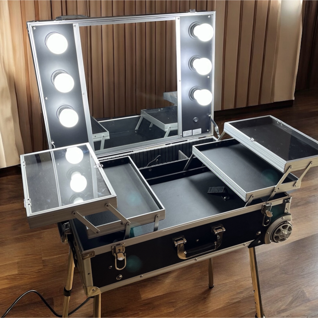 プロ用メイクステーション キャリーケース型 ライト付き 高さ調節可能