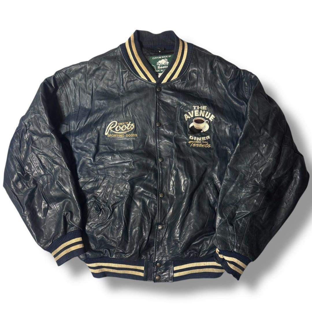 90s ルーツ オールレザー スタジャン バックロゴ ワッペン ダイナー