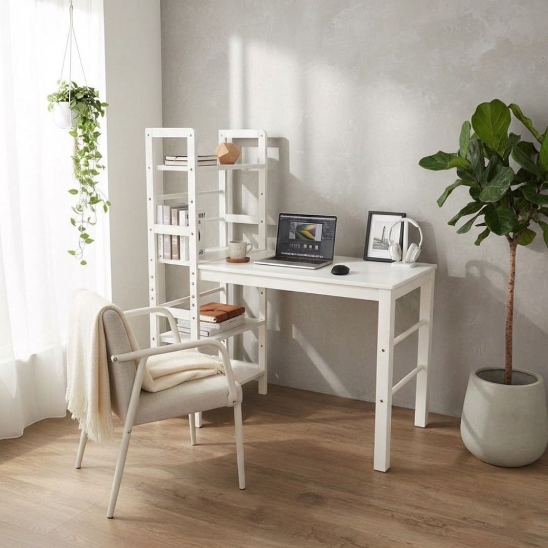 新品】ラック付きデスク 可動式棚 幅105cm 収納 多用途 ホワイト