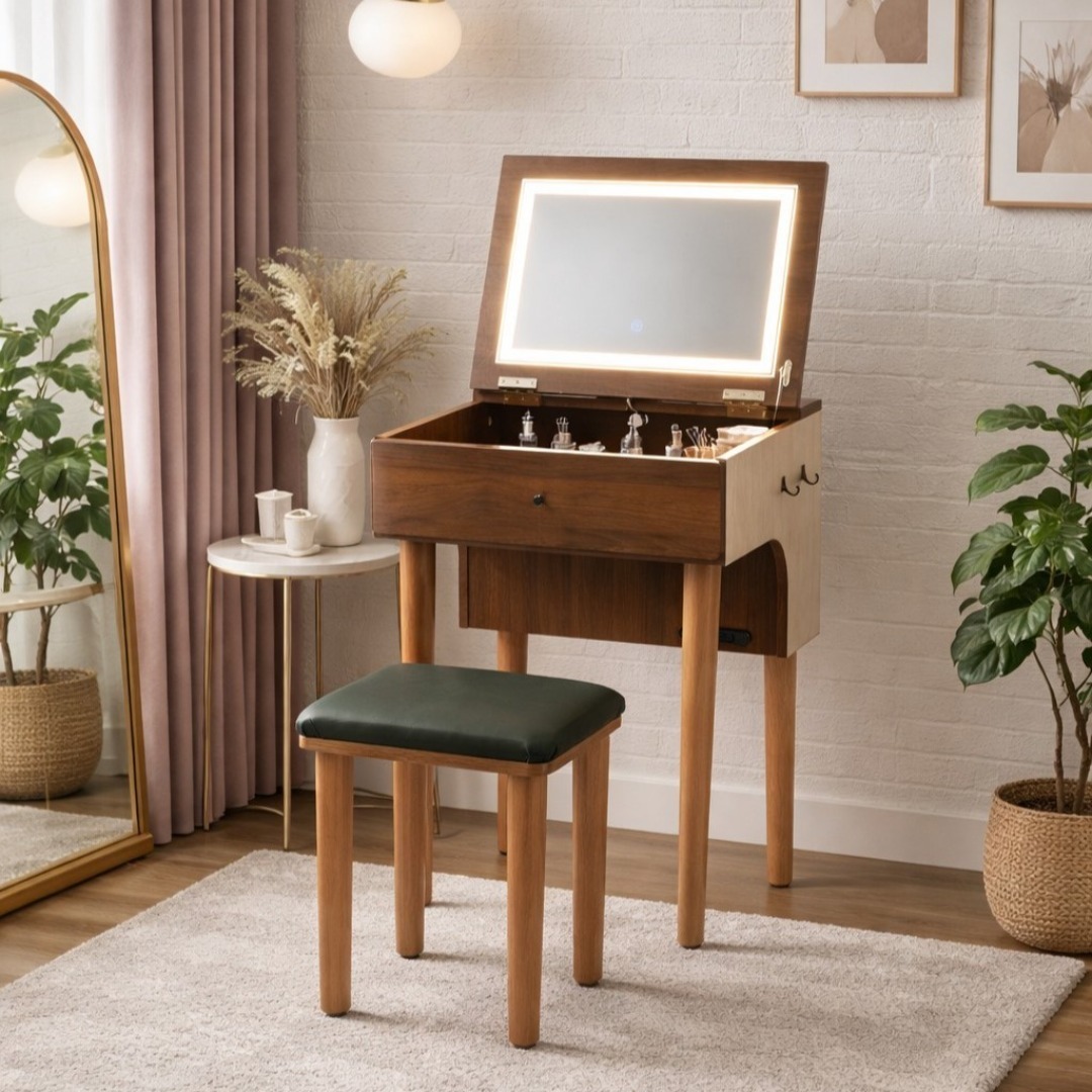 ◇訳あり◇【新品】北欧風 ドレッサー＆スツールセット LED女優ライト
