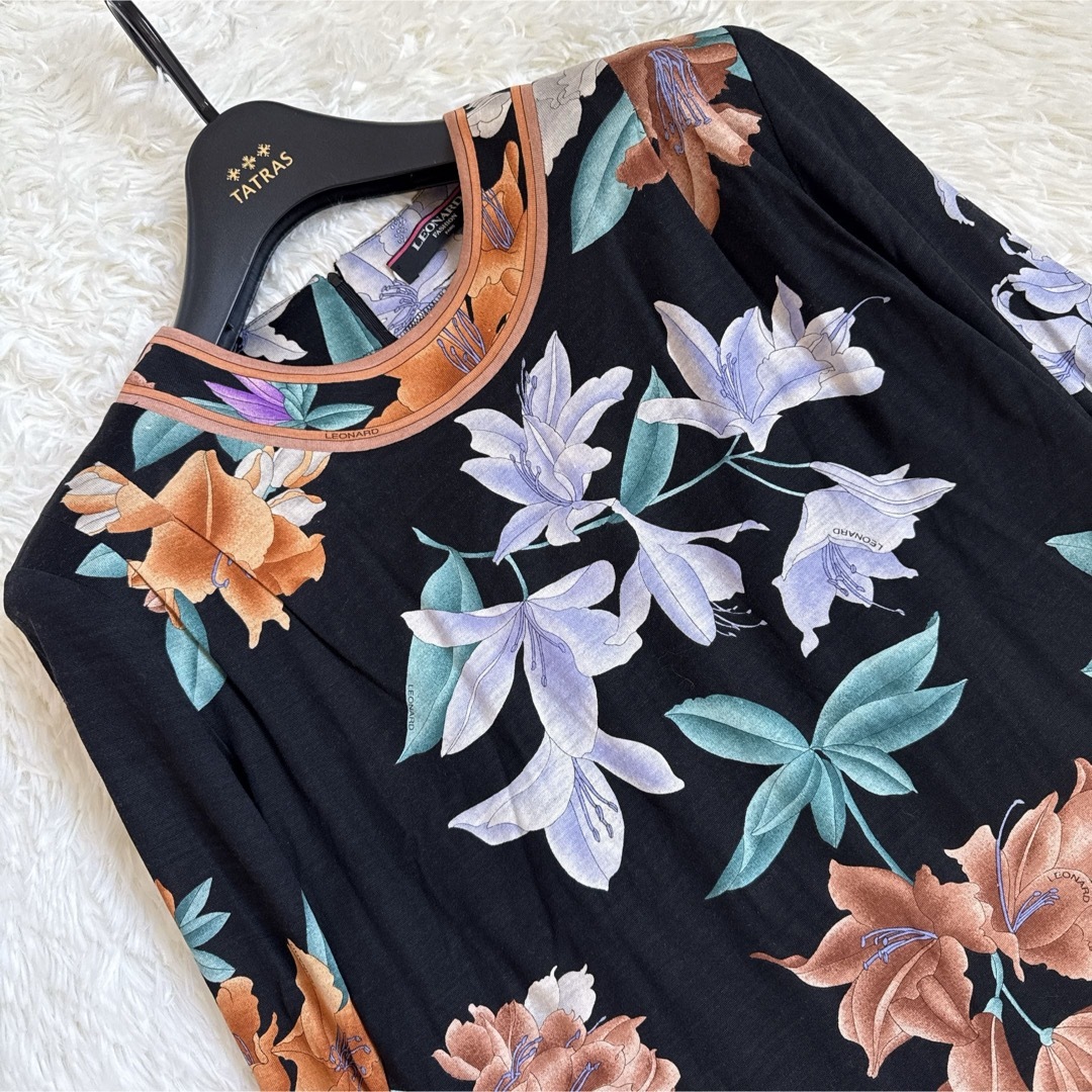 美品✨ LEONALD レオナール ブラウス 長袖 花柄 トリム 黒×白 M 美品