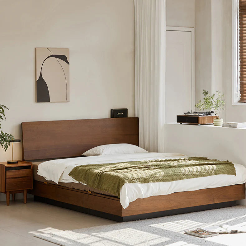 Woody Prime Walnut サイドオープン収納ダブルベッド | 大容量の収納を