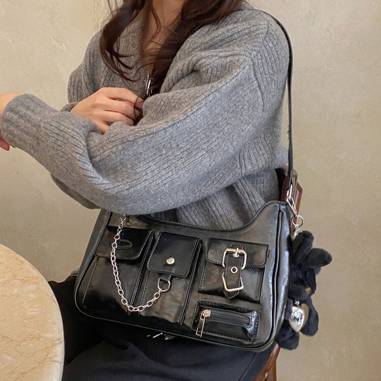 限定数量]チェーンバックルポケットレザーショルダークロスバッグ