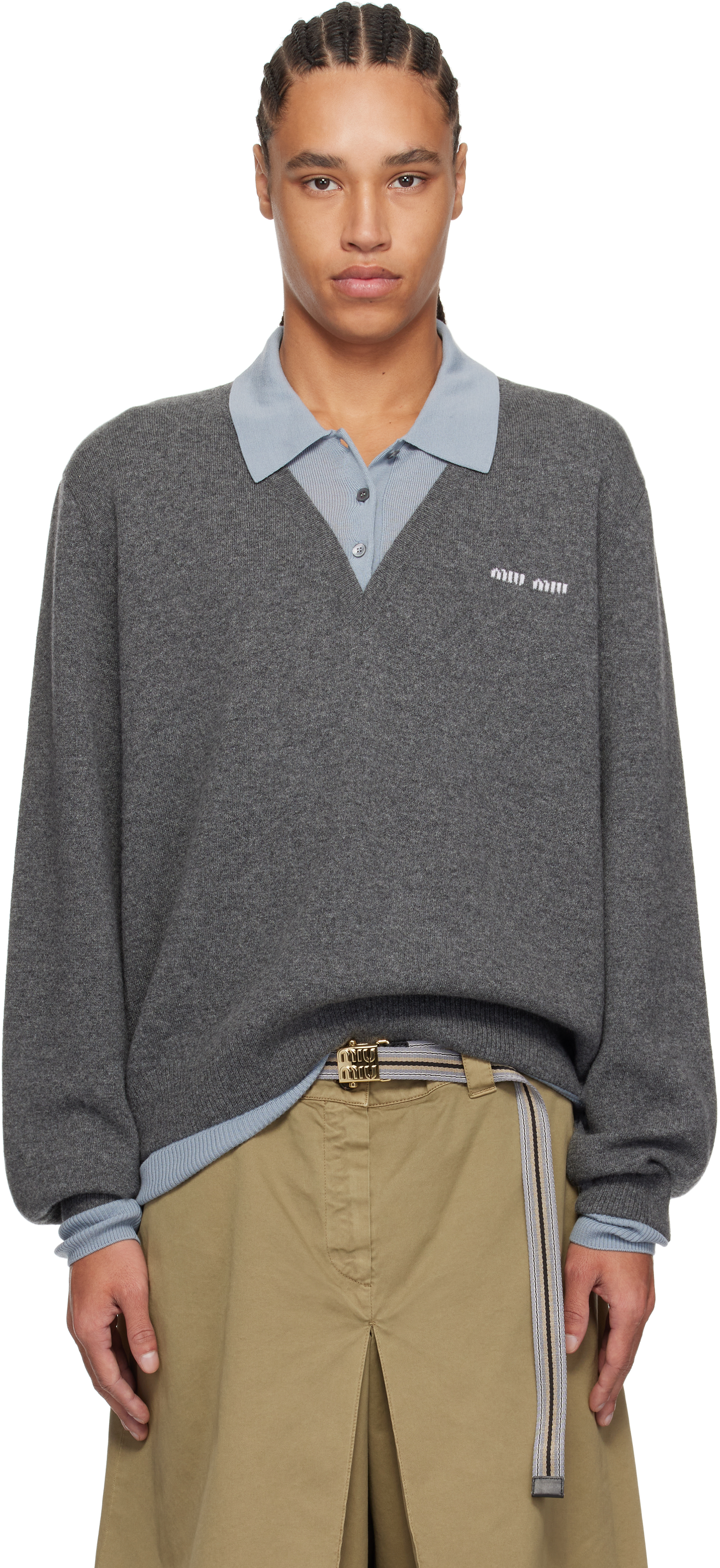 Miu Miu: Gray Cashmere & Wool Polo Sweater | SSENSE Canada