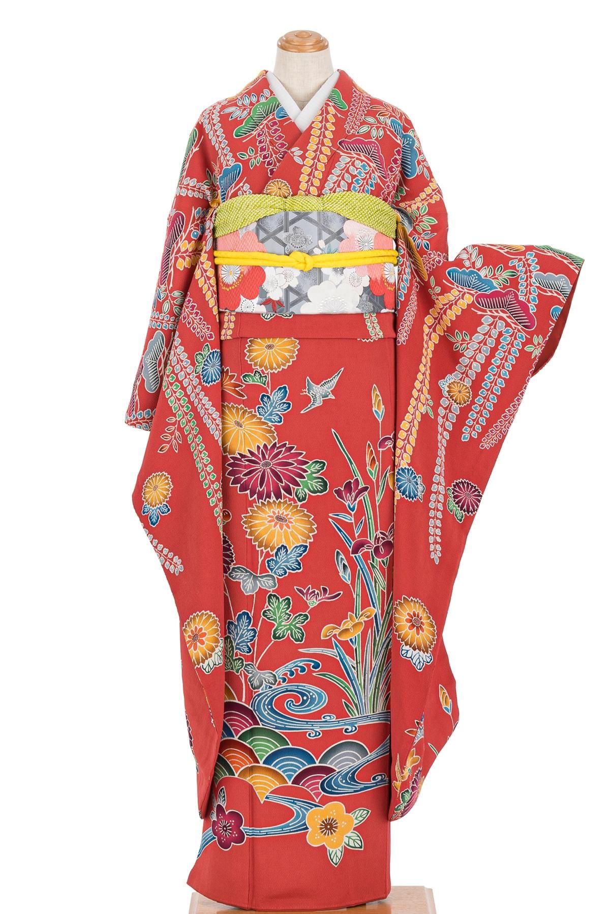 振袖 京紅型 松藤 青海波 花鳥 - からん::アンティーク着物