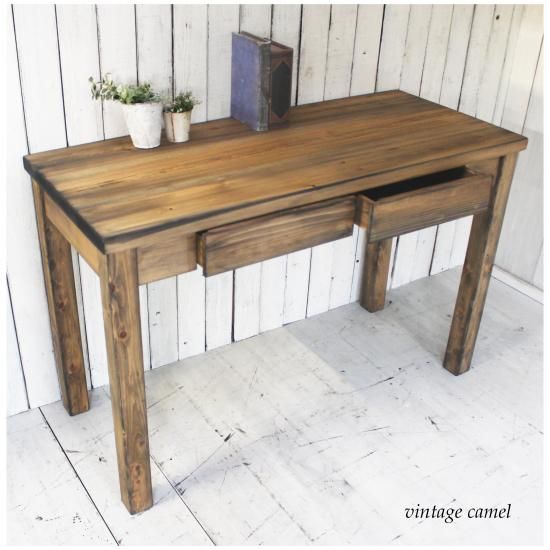 ヴンテージ風無垢材デスク引き出し付き - アンティーク風ヴィンテージ