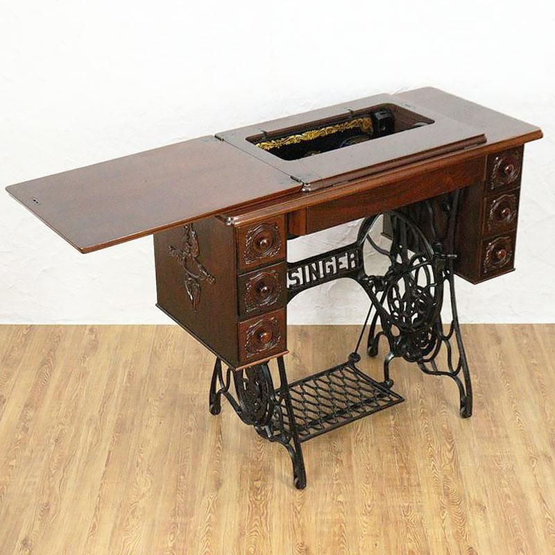 SINGER シンガーミシンテーブル｜彫刻入りウォルナット材と鉄脚の