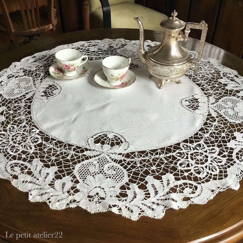 楕円) フランス アンティーク リネン ダマスク織 ボビンレース